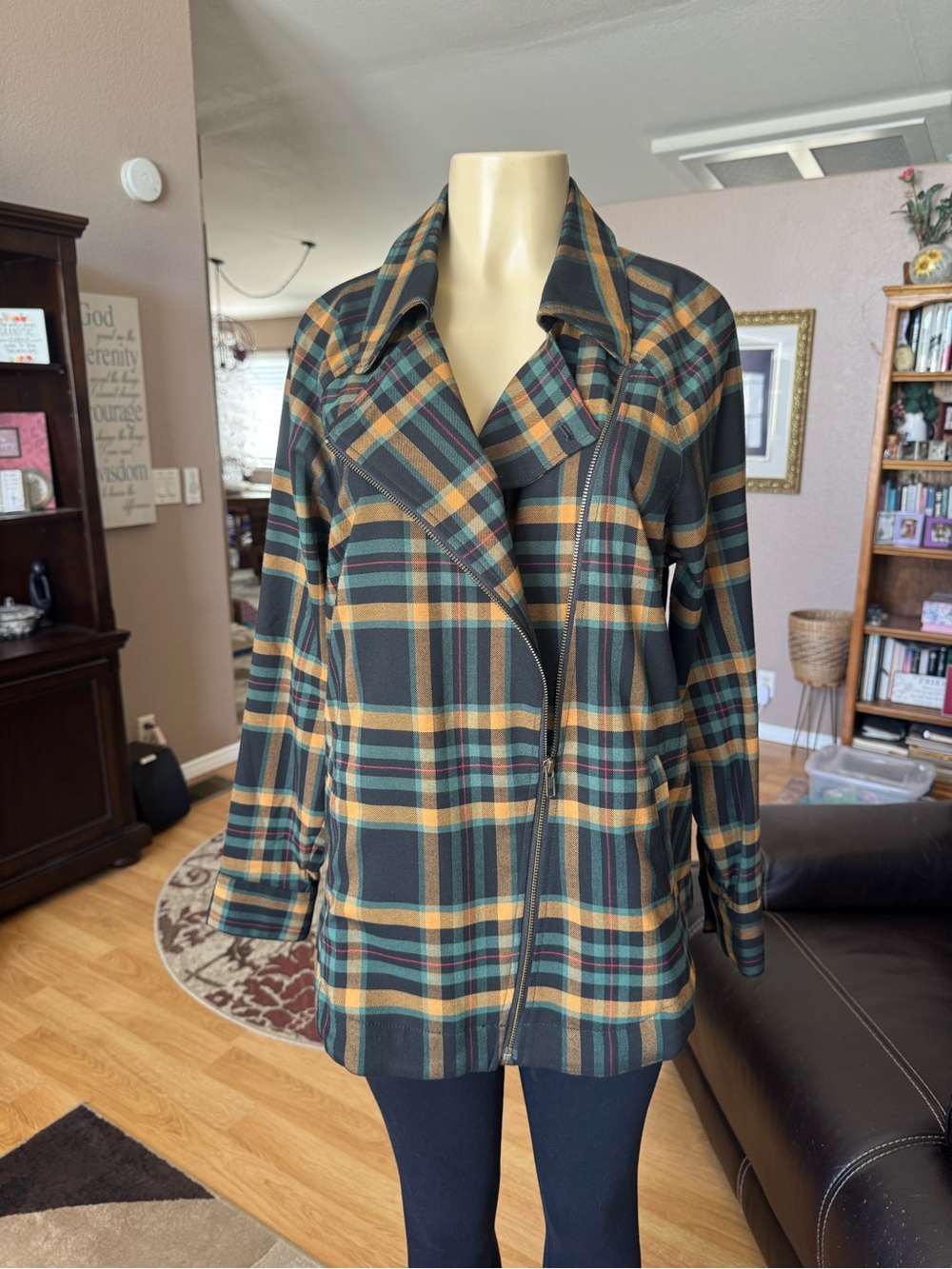 CAbi Plaid Jean Jacket in Green, Yellow, Black & Tan - Picture 5 of 11